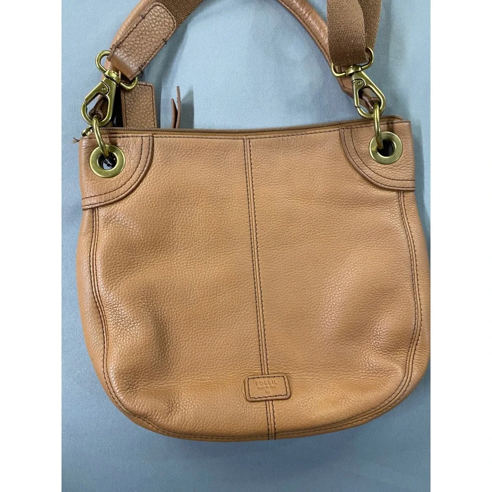 Fossil Brown Genuine Pebbled Leather Crossbody Bag Purse Zip Small‎ Everyday